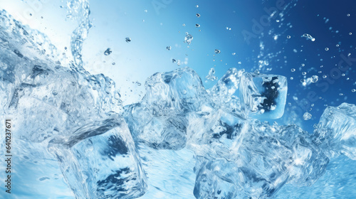 Crystal ice cubes dance within liquid blue waves, creating a mesmerizing whirlpool of frozen elegance amid aquatic splashes