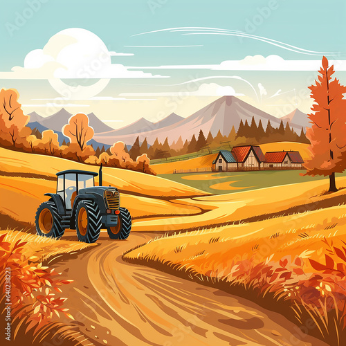 Autumn rural landscape and tractor working on field..