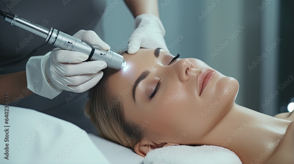 Young woman receiving facial hydro microdermabrasion treatment with apparatus from beautician in spa, close up portrait. Medicine, healthcare and beauty concept, generative ai - obrazy, fototapety, plakaty 