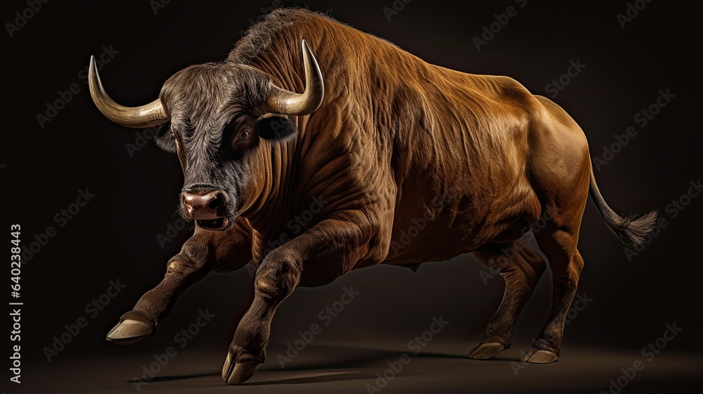 Fototapeta premium Bull with horns stands full length on isolated black background, generative ai