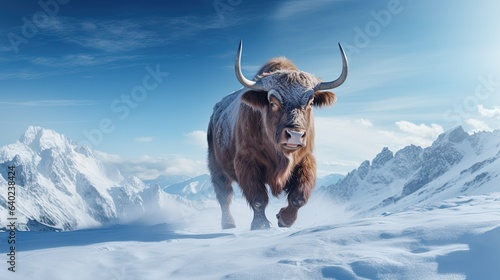 Bull with horns running on winter snowy landscape, generative ai © GulArt