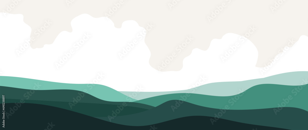 Minimal vector abstract landscape with clouds. Mountain background in blue tones. Vector design for prints, posters, covers, wall art and home decoration.