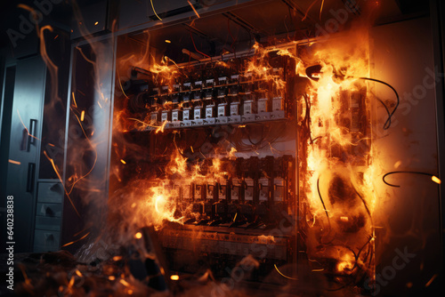 Fire, fire in the electrical panel of the house with automatic switches due to a short circuit photo