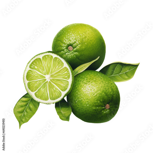 Botanical illustration, composition with limes, sliced lime with leaves, PNG. Generative AI © Yauheniya Makarevich