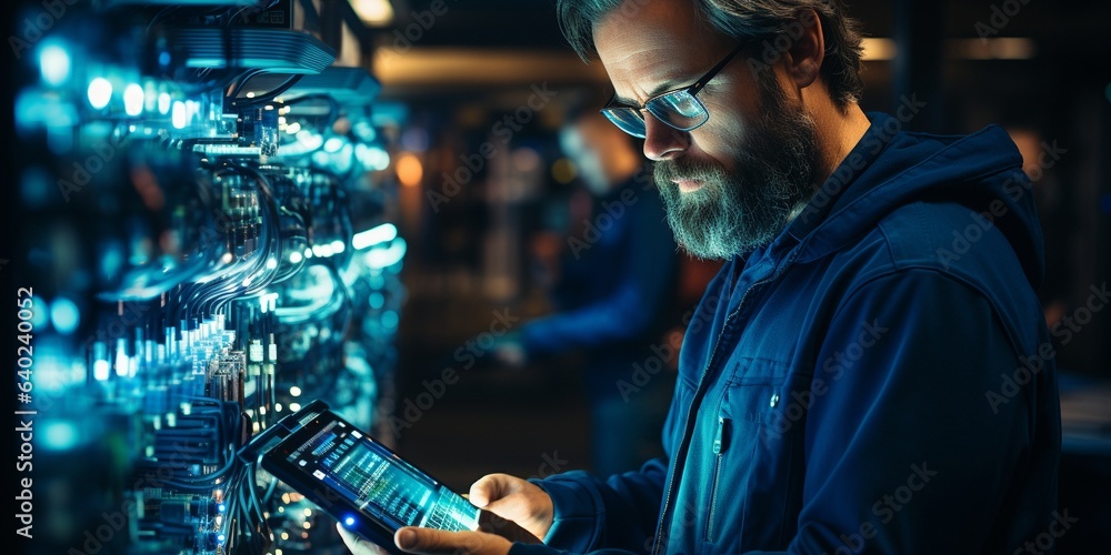 photo of two teenage techs working in a server room and using a tablet computer.