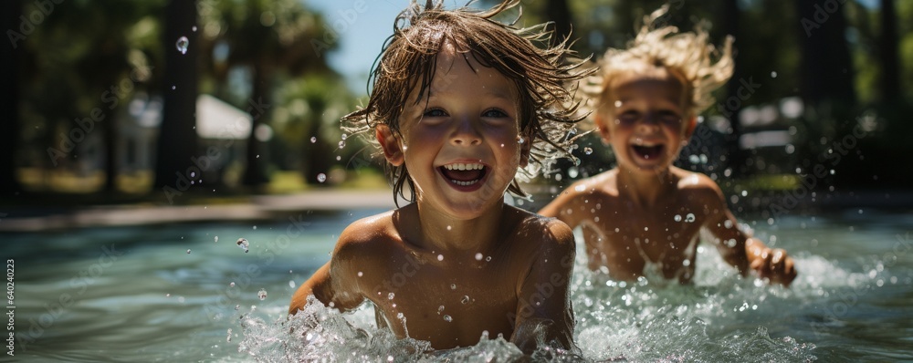 siblings splashing in a pool's edge,.