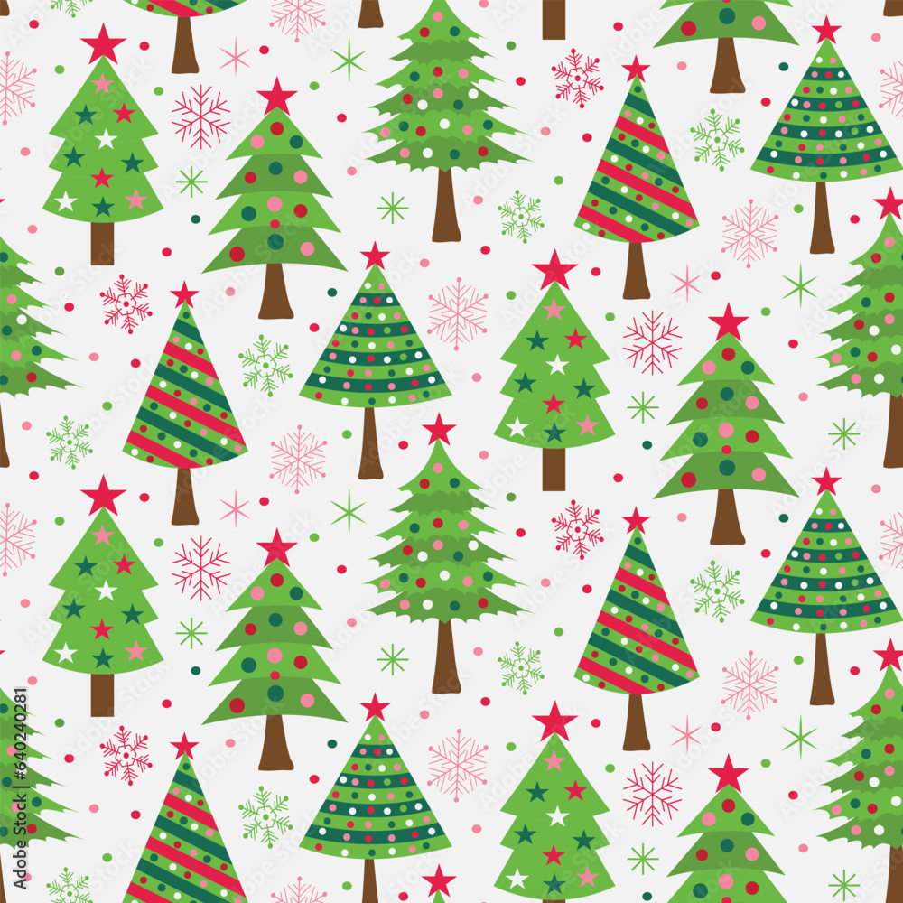 Geometric Minimalist Scandinavian Christmas trees seamless pattern  with snowflakes and stars in green and red, and pink on white background. For Christmas wrapping paper, greeting cards and fabric 