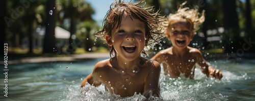 siblings splashing in a pool s edge .