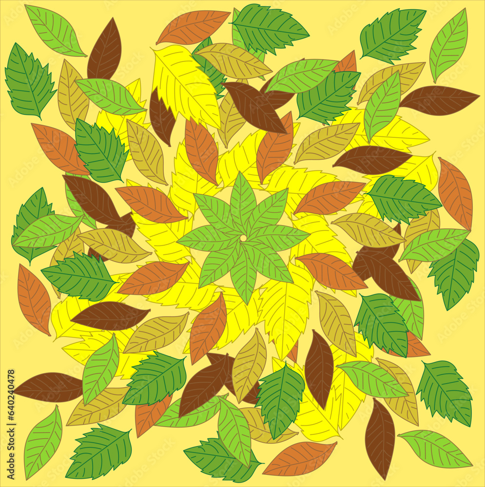 Vector abstract autumn illustration in the form of colorful leaves arranged in a circle on a yellow background