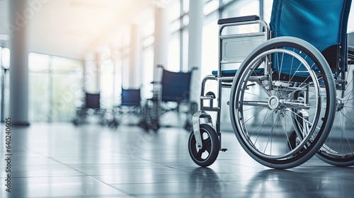 Empty wheelchair inside of hospital corridor, generative ai photo