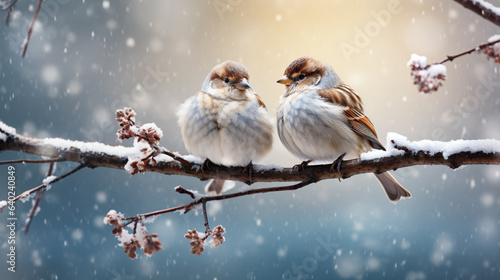 Two house sparrows sitting on a branch in the winter. It's cold, snowing and freezing.