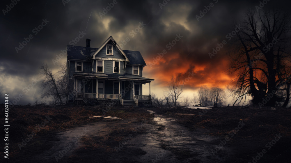Spooky Haunted House under Ominous Sky Spooky Haunted House under Ominous Sky