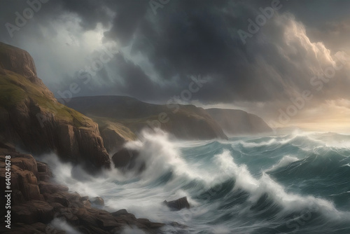 dramatic coastal scene with towering cliffs, crashing waves, and a stormy sky