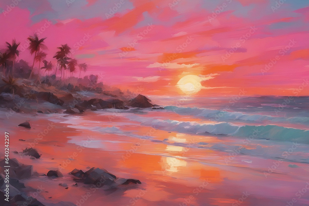 Breathtaking sunset over a serene coastal landscape with vibrant hues of orange and pink
