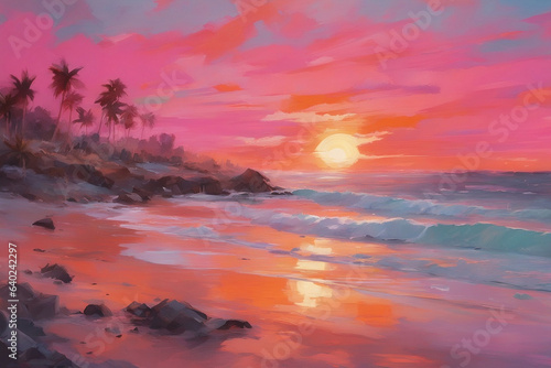 Breathtaking sunset over a serene coastal landscape with vibrant hues of orange and pink © Eranga
