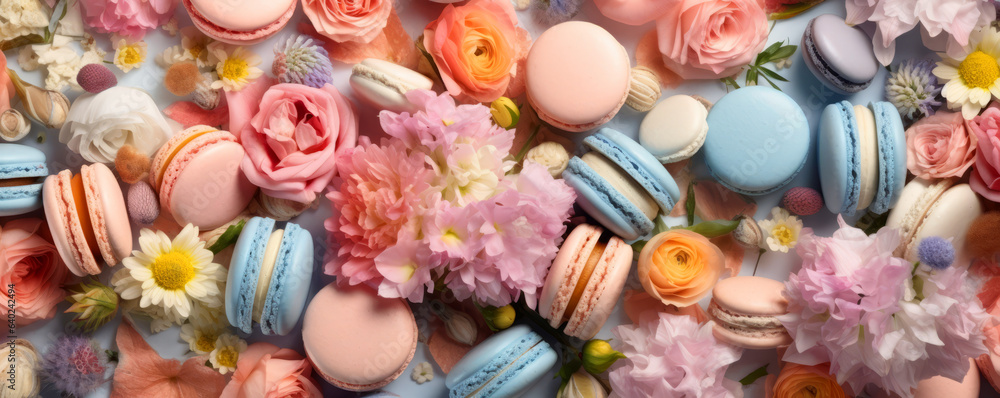 Colorful French Dessert Macaroons and flowers flat lay