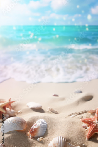Landscape with seashells on tropical beach - summer holiday