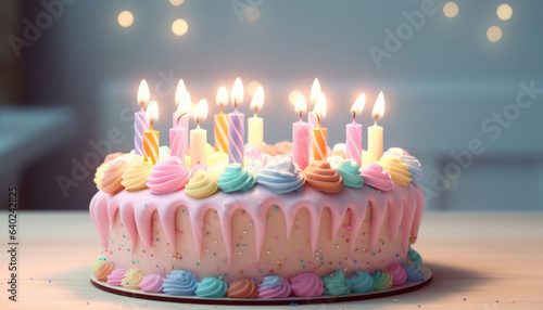 Colorful birthday cake with sprinkles and candles pink colors