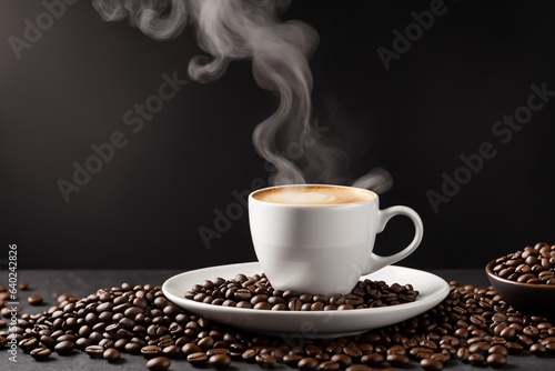 eine Tasse Kaffee mit aufsteigendem Dampf auf einem Unterteller, umgeben von Kaffeebohnen vor dunklem Hintergrund. photo