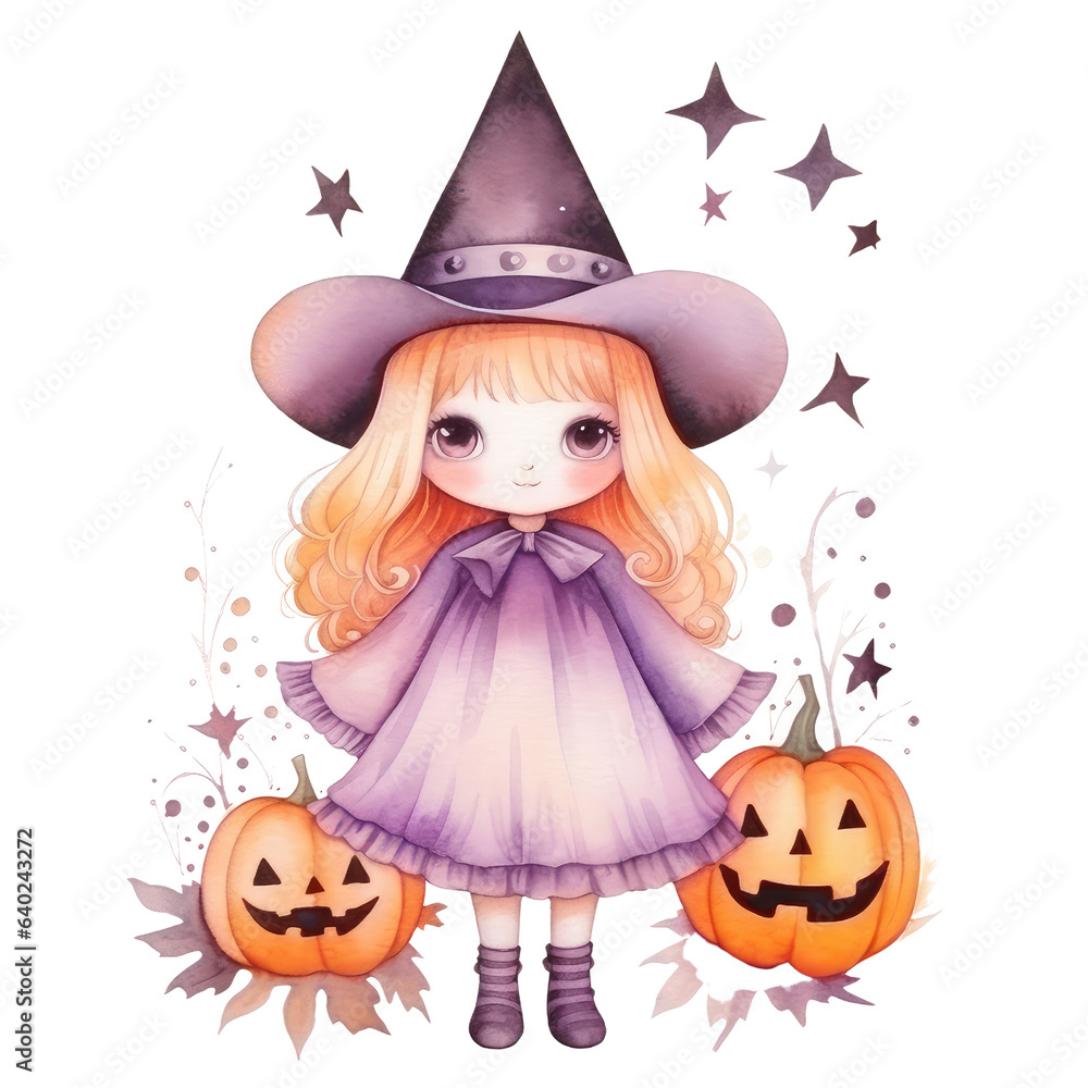 Watercolor Retro Halloween concept with Ghost, Pumpkin and witches. Spooky Season. Illustration transparent background, PNG, Generative AI Watercolor Retro Halloween concept with Ghost, Pumpkin and witches. Spooky Season. Illustration transparent background, PNG, Generative AI