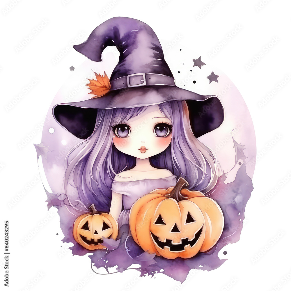 Watercolor Retro Halloween concept with Ghost, Pumpkin and witches. Spooky Season. Illustration transparent background, PNG, Generative AI Watercolor Retro Halloween concept with Ghost, Pumpkin and witches. Spooky Season. Illustration transparent background, PNG, Generative AI