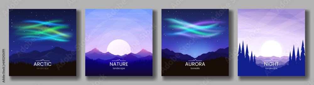 A set of minimalist landscapes. Arctic mountains, night scene, northern lights, sunset or sunrise. Adventure tourism concept. Vector image. Design of a postcard, banner, invitation, card. A set of minimalist landscapes. Arctic mountains, night scene, northern lights, sunset or sunrise. Adventure tourism concept. Vector image. Design of a postcard, banner, invitation, card.