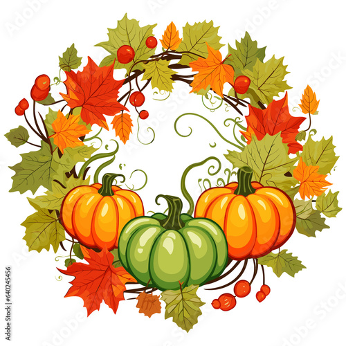 Autumn fall circle leaf with pumpkin  isolated on transparent background  Generative Ai.