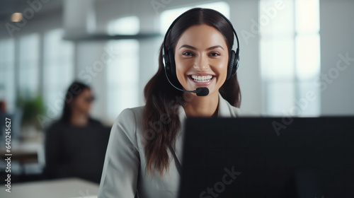 Customer service executive working at the office. Consulting corporate clients in conversation with customers using computers. Service desk consultant talking in a call center.