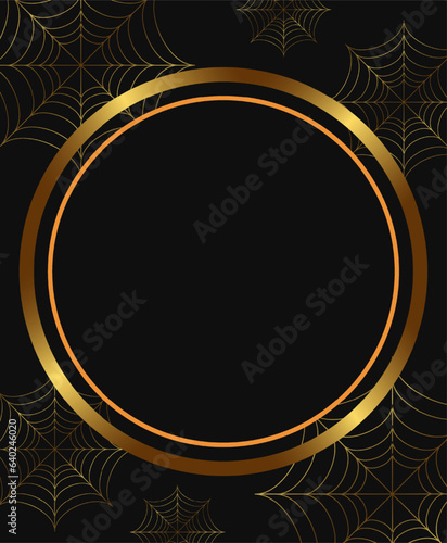 Halloween holiday vector illustration background with golden frame and spider web