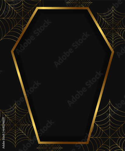 Halloween holiday vector illustration background with golden coffin frame and spider web