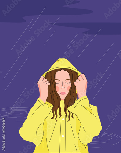 Cozy illustration of a girl in a yellow raincoat in the rain (with a face)