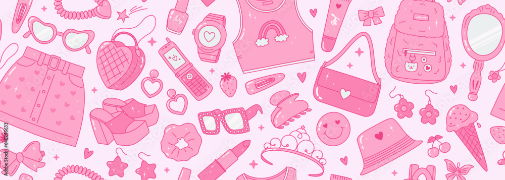 Pink glamour seamless banner with y2k trendy clothes and accessories. Vector pattern with sunglasses, phone, bags, hearts, stars, rhinestones. Teen girl of 90s 00s aesthetic. Cute nostalgia background Pink glamour seamless banner with y2k trendy clothes and accessories. Vector pattern with sunglasses, phone, bags, hearts, stars, rhinestones. Teen girl of 90s 00s aesthetic. Cute nostalgia background