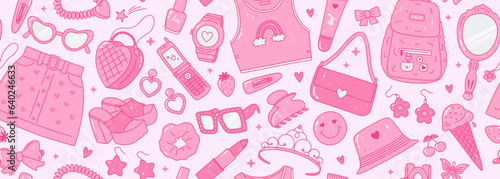 Pink glamour seamless banner with y2k trendy clothes and accessories. Vector pattern with sunglasses, phone, bags, hearts, stars, rhinestones. Teen girl of 90s 00s aesthetic. Cute nostalgia background