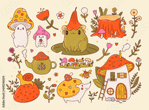 Vector set of cute vintage cottagecore animals, mushrooms, flowers stickers. Fairy frog, amanita house, snail, hedgehog cartoon illustrations. Magic forest elements. Green witch, goblincore aesthetic