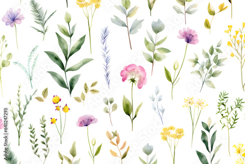 Watercolor vector with wild flowers  leaves  trees and flying butterflies. Garden background in vintage style. Abstract. Wild flower background. gift wrapping paper