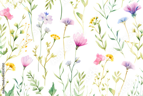 Watercolor vector with wild flowers  leaves  trees and flying butterflies. Garden background in vintage style. Abstract. Wild flower background. gift wrapping paper