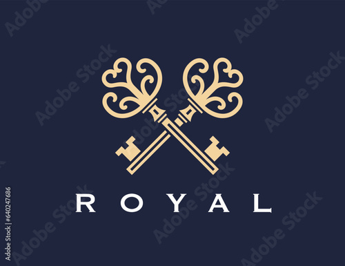 Crossed vintage keys icon. Luxury real estate agency logo mark design. Royal property realtor emblem. Vector illustration.