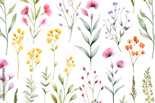 Watercolor vector with wild flowers, leaves, trees and flying butterflies. Garden background in vintage style. Abstract. Wild flower background. gift wrapping paper © WITCHA