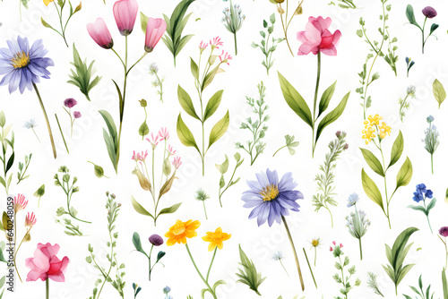 Watercolor vector with wild flowers  leaves  trees and flying butterflies. Garden background in vintage style. Abstract. Wild flower background. gift wrapping paper