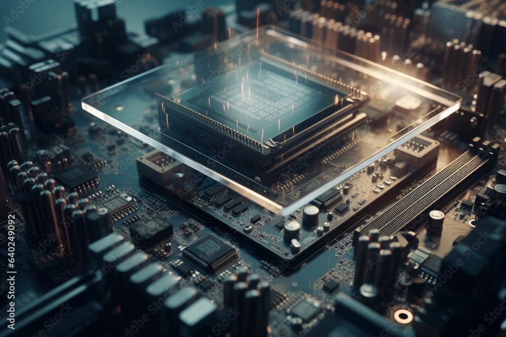 Fototapeta premium Close up of electronic circuit board with microchips. 3d rendering. Generative AI.