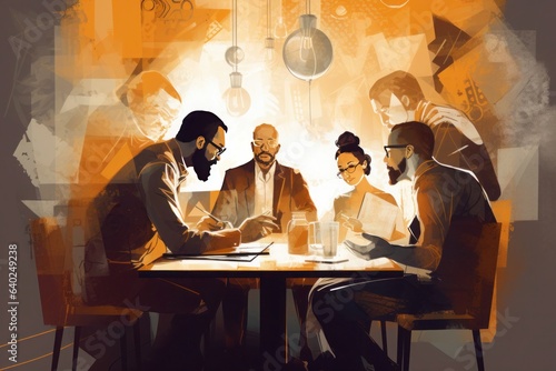 Group of business people working together in office. Communication concept. Double exposure. Vector style. Generative AI.