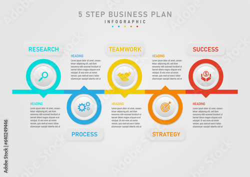 5 step business planning infographic to success multi colored circles concatenated circle button center top icon The upper and lower square buttons have a letter in the middle gray gradient background