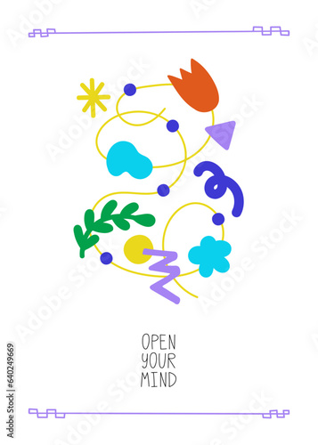 Open your mind poster design. Abstract shapes and doodles in various compositions. Modern hand drawn organic doodle, line, nature, flower elements vector illustration for print, posters, social media 