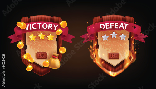 3D victory defeat game badge UI wooden shield award, vector medieval RPG success screen, sword. Golden coin, money bag red award ribbon, battle lose fire sparkle concept. Victory defeat clipart kit