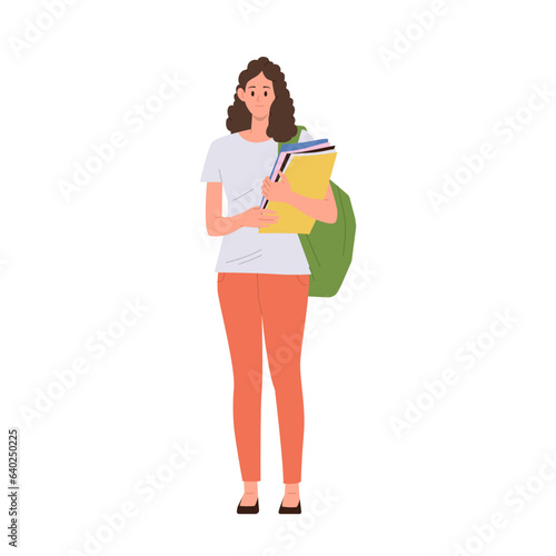 Young cheerful modern woman student character starting education process in college or university