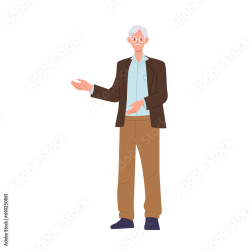 Old teacher senior professor cartoon character pointing aside vector illustration isolated on white