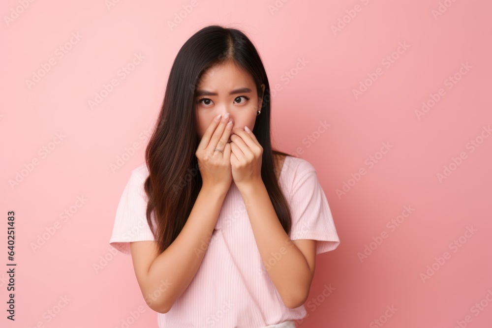 Shocked young asian woman covering her mouth with hands on pink background Shocked young asian woman covering her mouth with hands on pink background