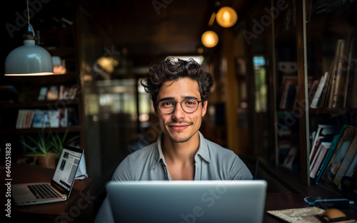 Smiling Hispanic Young Man Working on Computer in Office - Tech Enthusiast in Action photo