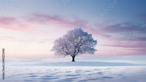 silhouette of a frozen tree covered with snow against the background of a muted morning sky in winter.snowy landscape.  © Margo_Alexa