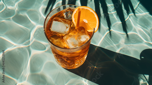 Fresh cocktail with lemon tea next to swimming pool in summer vacation under sunshine